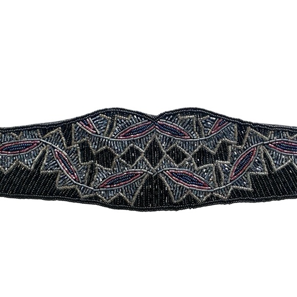 Vintage 80s black, grey, blue & pink beaded belt tie back adjustable cummerbund - Picture 4 of 9